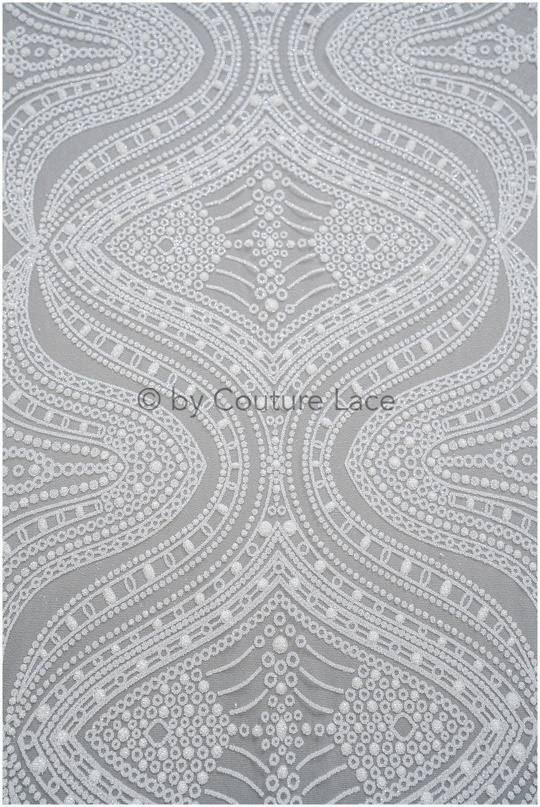 Glitter net with oriental pattern/ Off-white silver shiny glitter tulle fabric/ Glitter mesh// R-032