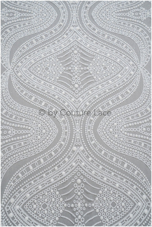 Glitzernetz mit orientalischem Muster/ Off-White Silber glänzender Glitzer Tüllstoff/ Glitzermaschen// R-032