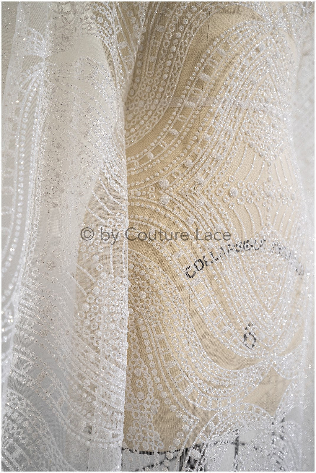 Glitter net with oriental pattern/ Off-white silver shiny glitter tulle fabric/ Glitter mesh// R-032