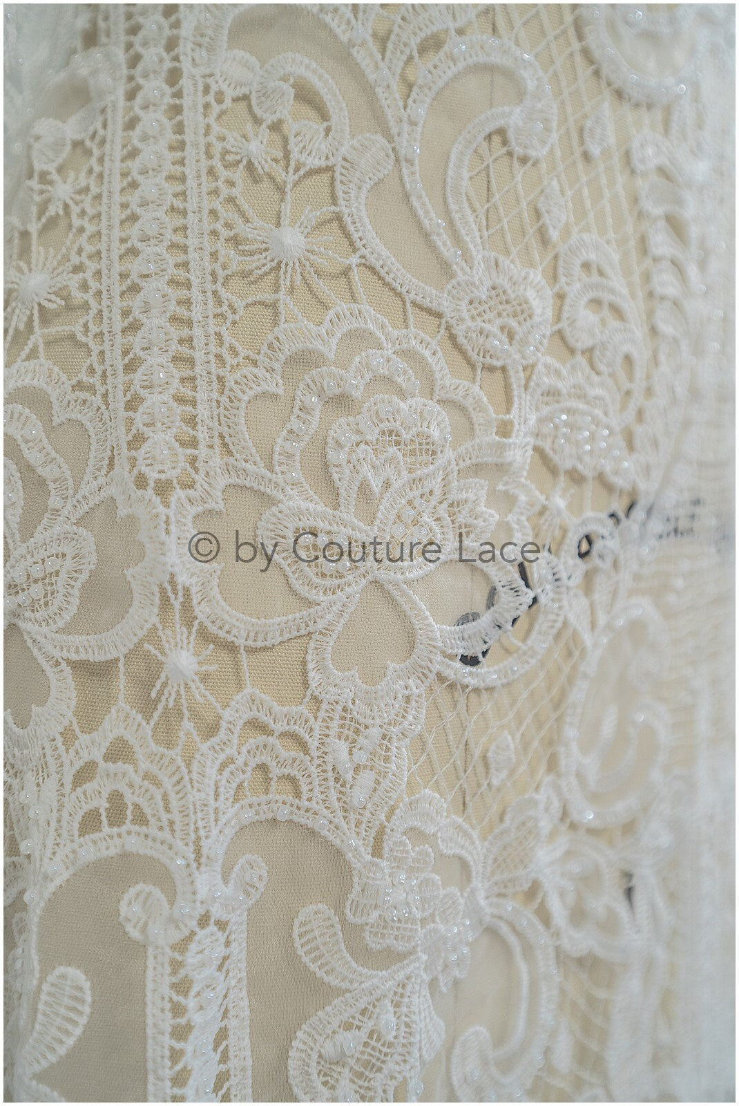 Luxus Häkelspitze mit Perlen/ Off-White Boho Hochzeit Spitzenstoff/ romantische Spitze mit Perlen/ Chiffon Spitze// L20-362