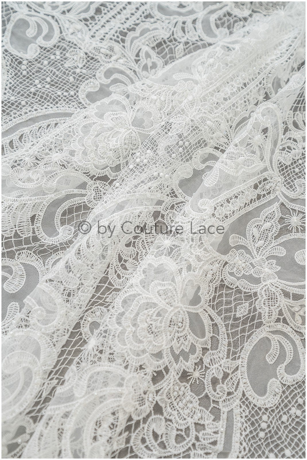 Luxus Häkelspitze mit Perlen/ Off-White Boho Hochzeit Spitzenstoff/ romantische Spitze mit Perlen/ Chiffon Spitze// L20-362
