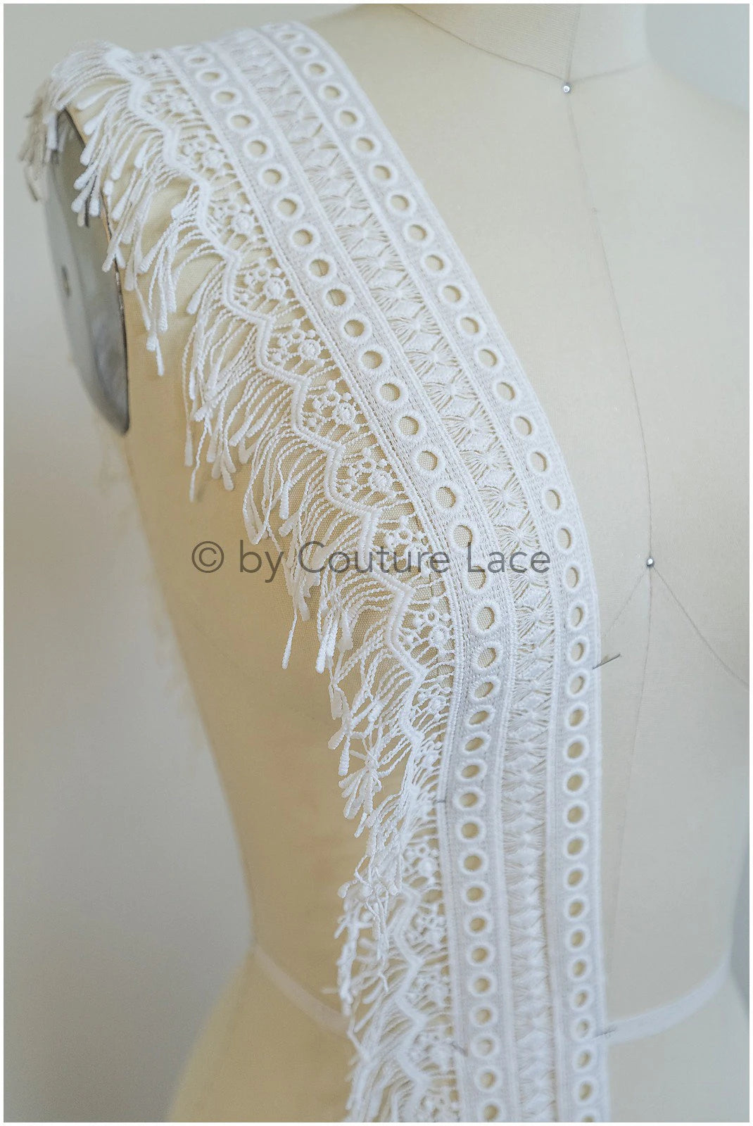 Fringed lace trim with boho pattern/ Off-white boho lace trim/ Guipure lace trim// T20-103