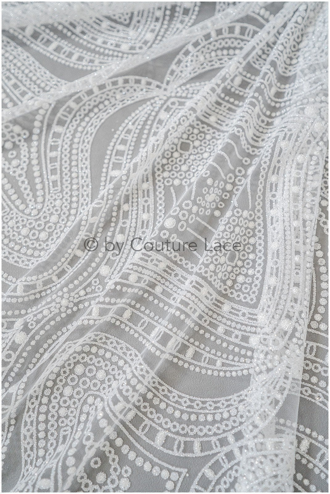 Glitter net with oriental pattern/ Off-white silver shiny glitter tulle fabric/ Glitter mesh// R-032