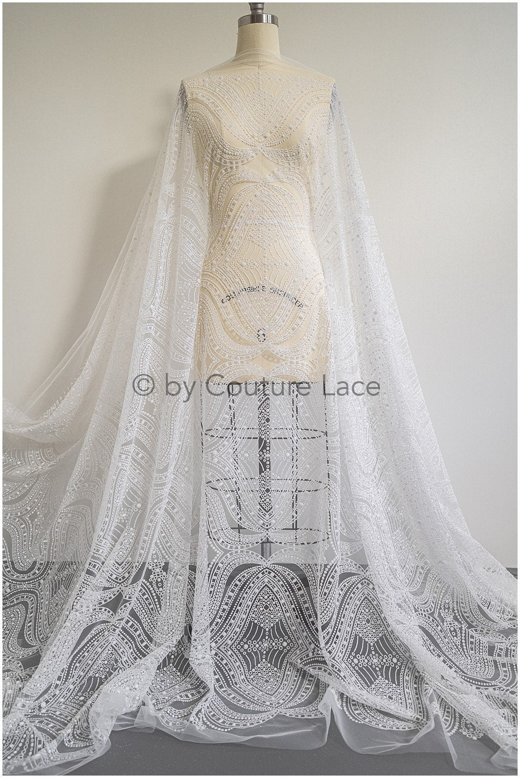 Glitter net with oriental pattern/ Off-white silver shiny glitter tulle fabric/ Glitter mesh// R-032