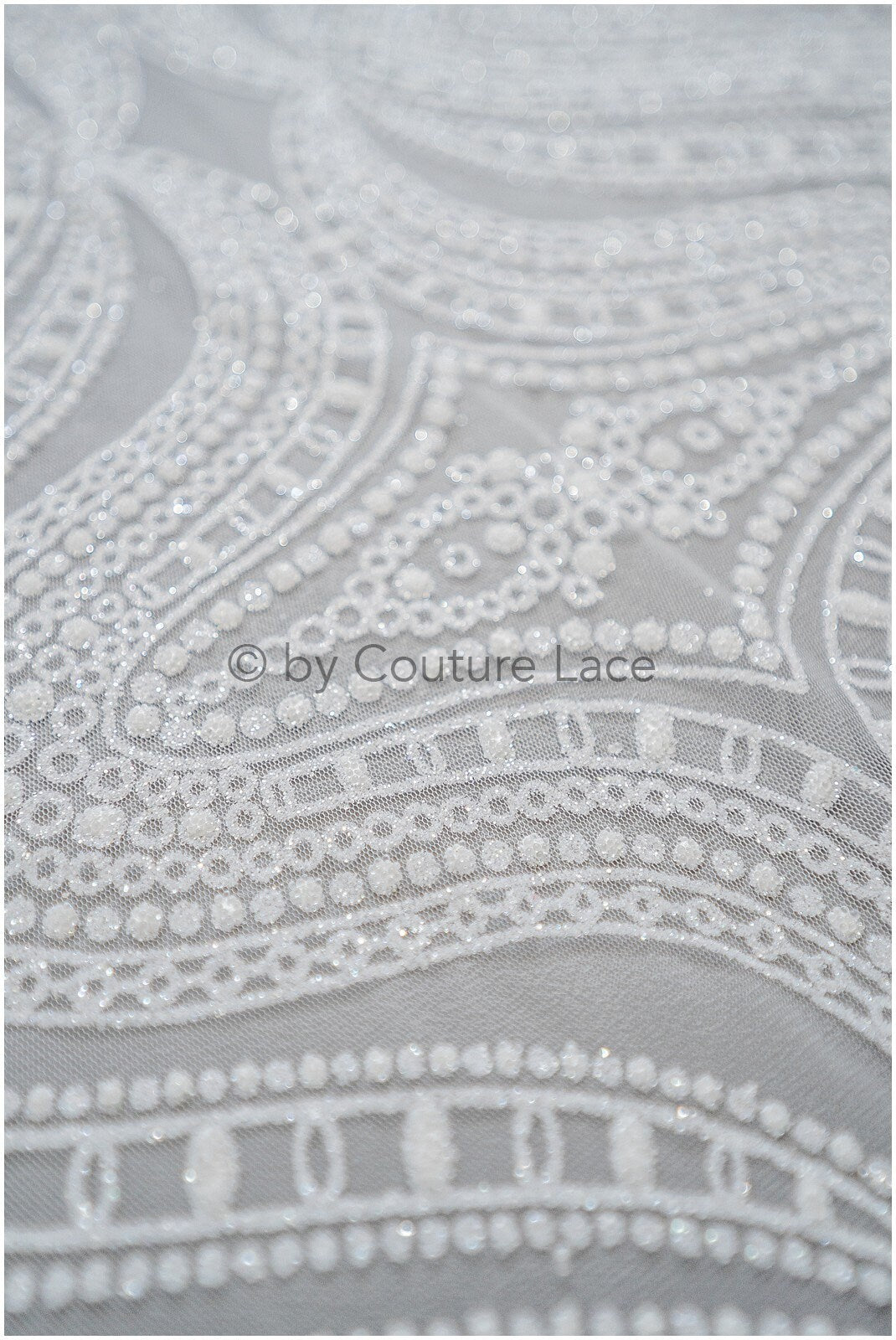 Glitter net with oriental pattern/ Off-white silver shiny glitter tulle fabric/ Glitter mesh// R-032