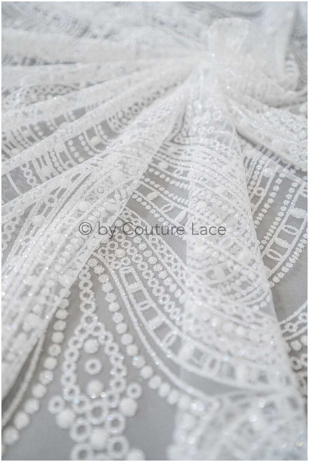Glitter net with oriental pattern/ Off-white silver shiny glitter tulle fabric/ Glitter mesh// R-032