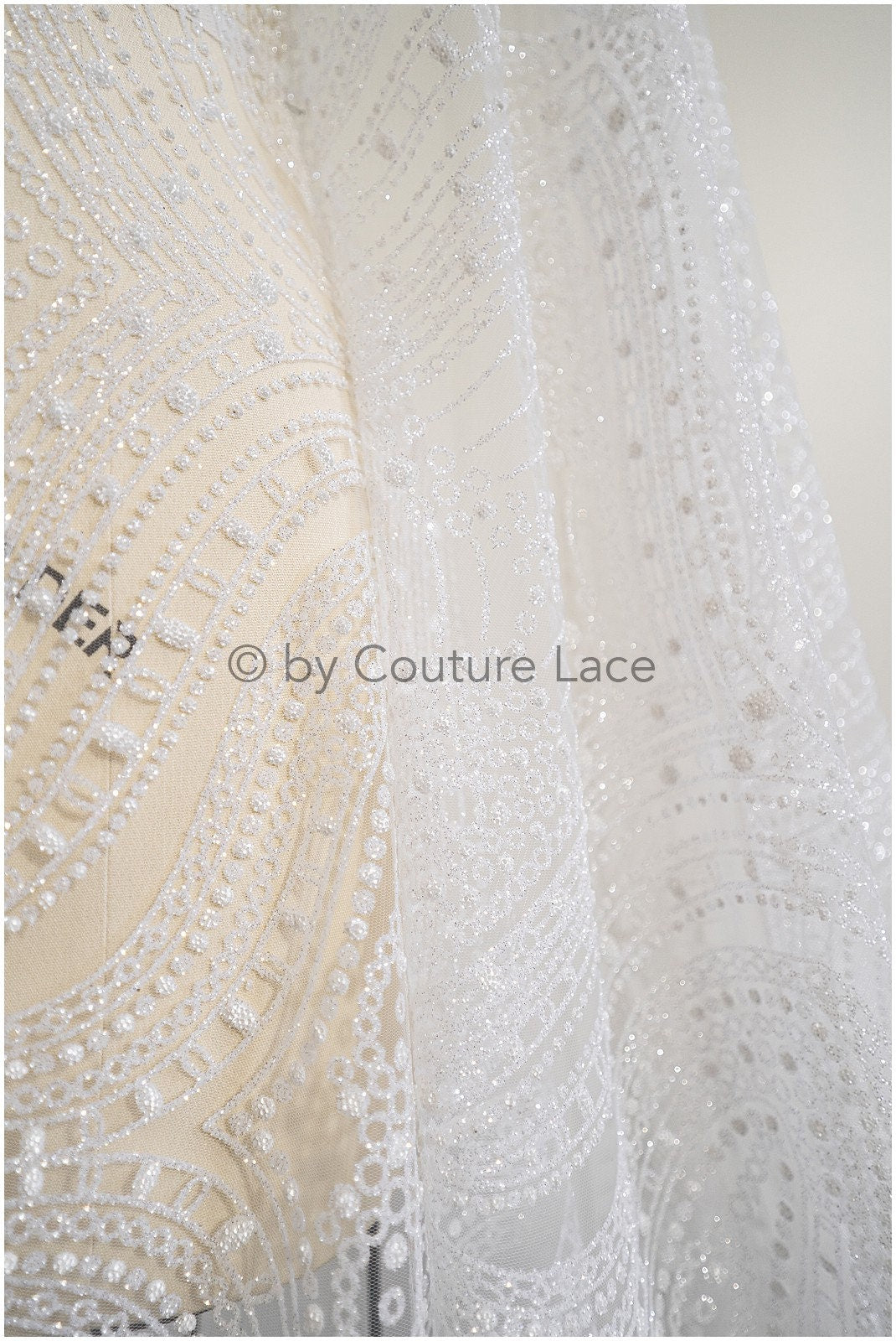 Glitter net with oriental pattern/ Off-white silver shiny glitter tulle fabric/ Glitter mesh// R-032