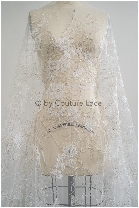 Perlen Spitzenstoff Off-White Silber/ Hochzeitsspitze/ romantischer Blumen Spitzenstoff mit Perlen/ Braut Spitzenstoff// L20-360