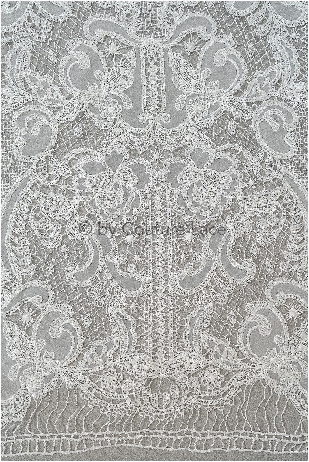 Luxus Häkelspitze mit Perlen/ Off-White Boho Hochzeit Spitzenstoff/ romantische Spitze mit Perlen/ Chiffon Spitze// L20-362