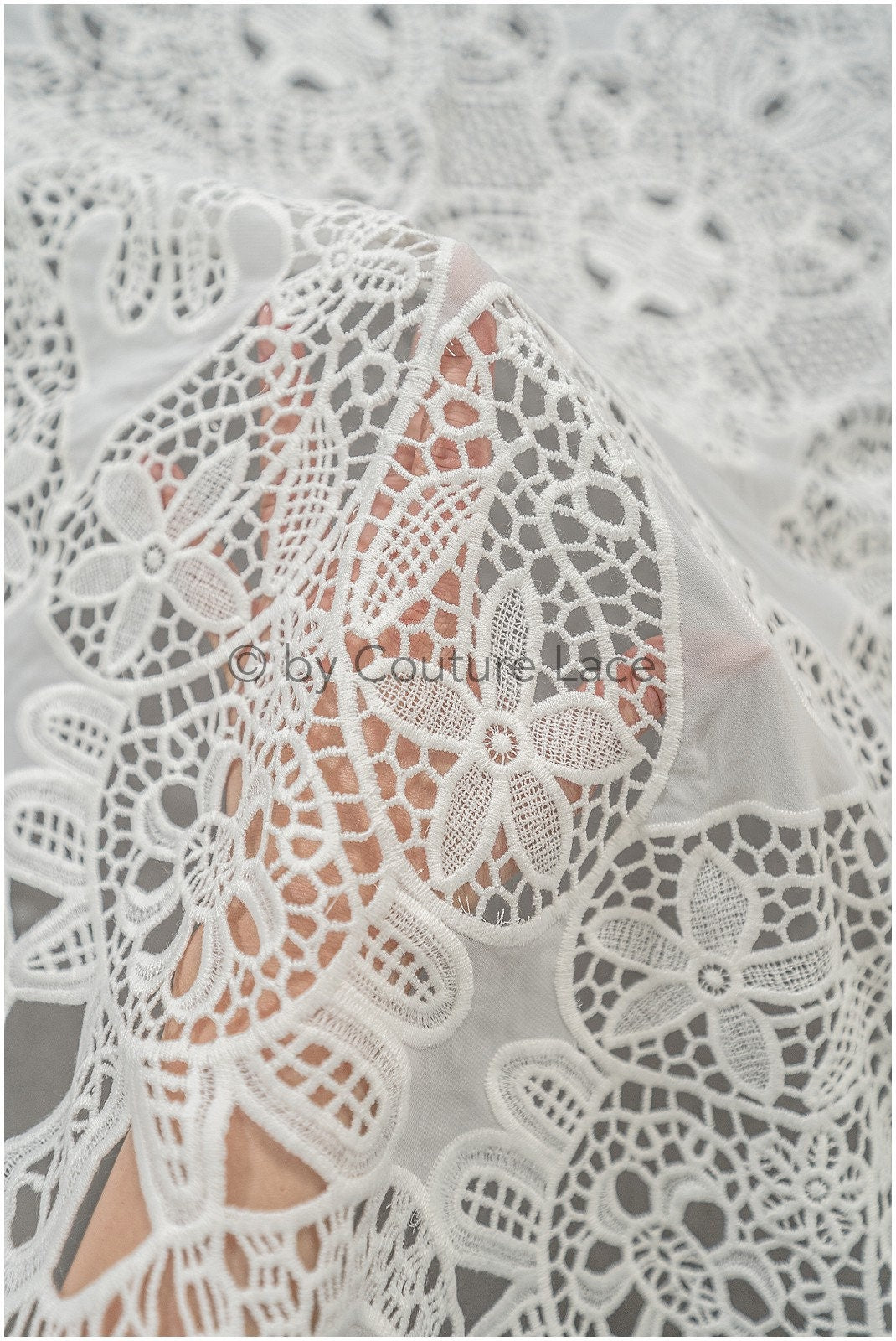 Crocheted Chiffon Lace Fabric Off-White/ Boho Bridal Lace/ Vintage Boho Lace Fabric// L20-364