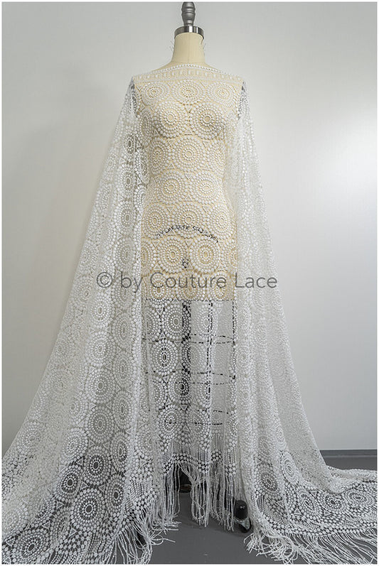 Braut Spitzenstoff mit Fransen, Hochzeitskleid Spitze mit Fransen, Artdeco Spitzenstoff für Brautkleider// L20-389