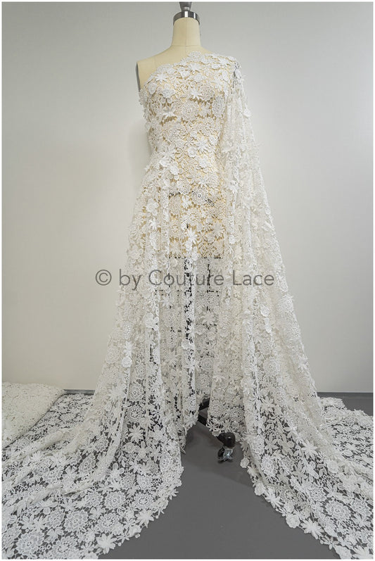 3D Spitzenstoff Off-White/ Guipure Spitzenstoff mit 3D Blüten/ gehäkelter Braut Spitzenstoff mit Blumen/ Boho Spitzenstoff mit 3D Blüten// L20-199B