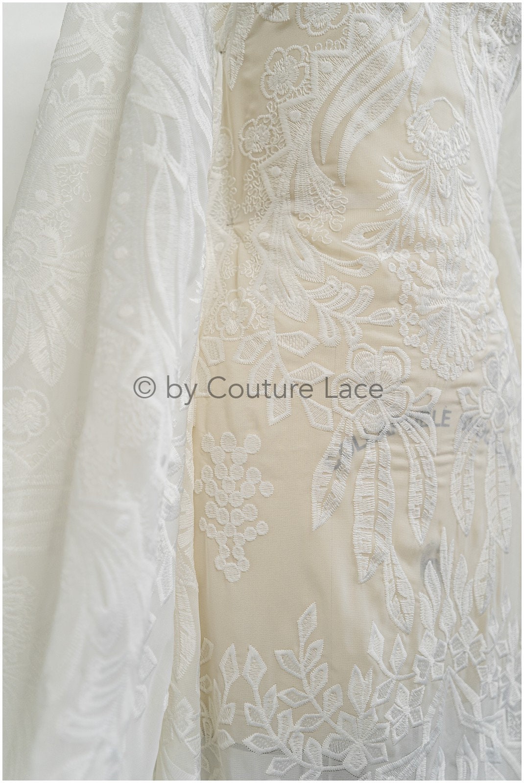 embroidered bridal lace fabric on chiffon base, chiffon wedding dress lace embroidery// L20-394