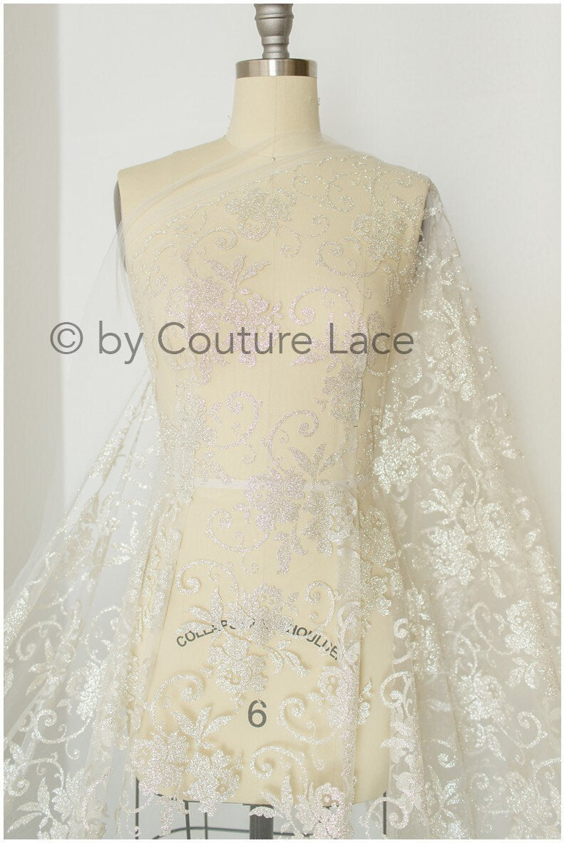 Floral lace glitter mesh fabric/ Off-white wedding dress fabric with glitter/ Shiny glitter tulle fabric/ R-015
