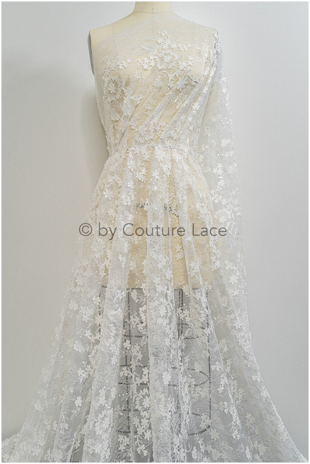 French 3D lace fabric off-white/ couture lace fabric with 3D flowers/ delicate bridal lace fabric/ bridal lace// L20-371