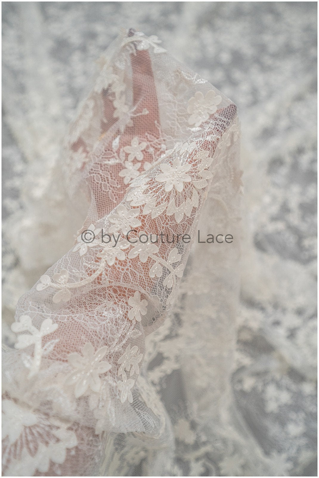 French 3D lace fabric off-white/ couture lace fabric with 3D flowers/ delicate bridal lace fabric/ bridal lace// L20-371