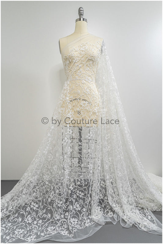 Romantische Perlenblütenspitze Off-White/ Couture Spitzenstoff mit Chiffonblüten/ zarter Braut Spitzenstoff/ Brautspitze mit Blumen// L20-373