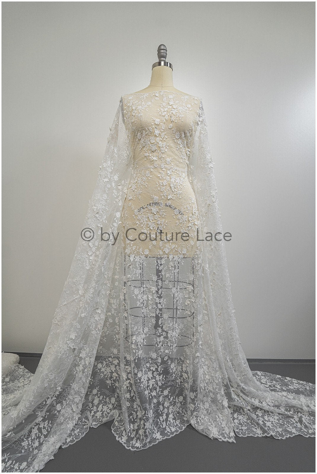 French 3D lace fabric off-white/ couture lace fabric with 3D flowers/ delicate bridal lace fabric/ bridal lace with flowers// L20-375