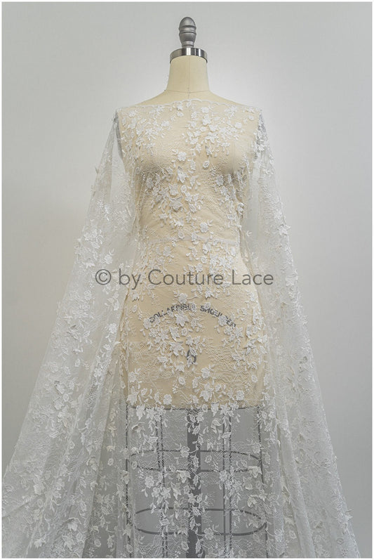 Français tissu de dentelle 3D Off-White/ Tissu de dentelle Couture avec fleurs 3D/ tissu de dentelle de mariée délicat/ dentelle de mariée avec fleurs// L20-375