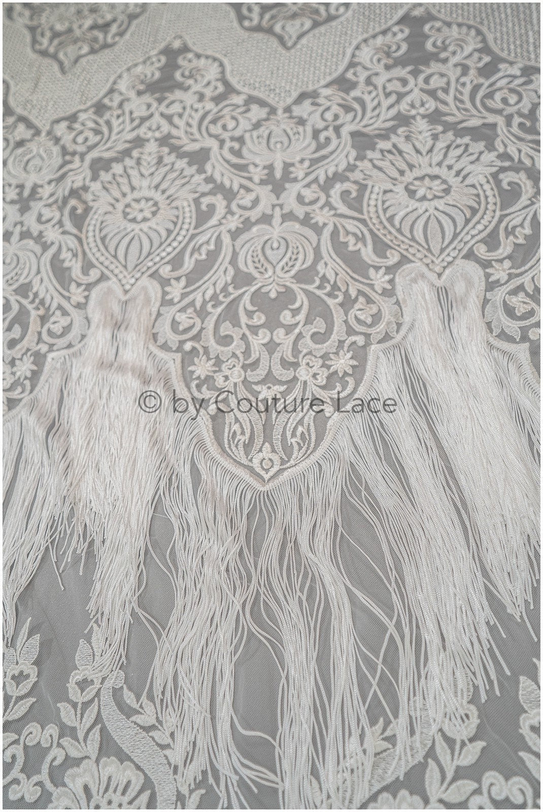 Fringed Boho Lace Fabric Off-White/ Lace Fabric with Fringes/ Boho Bridal Lace Fabric/ Bridal Lace with Flowers// L20-376