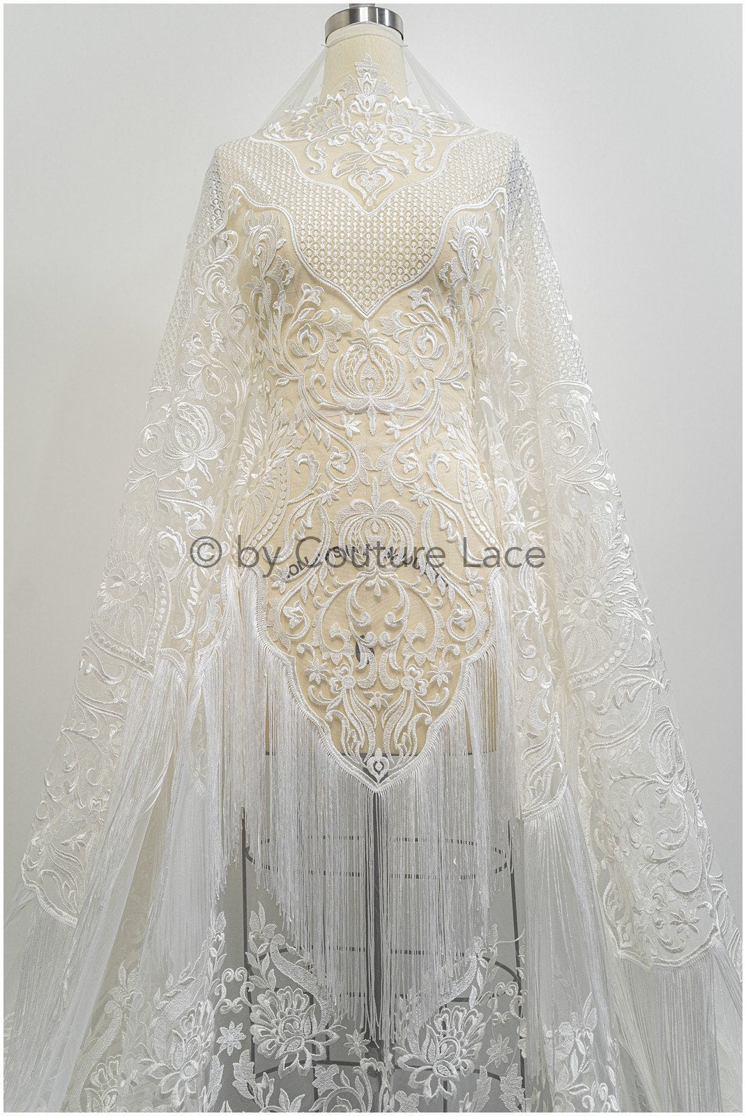 Fringed Boho Lace Fabric Off-White/ Lace Fabric with Fringes/ Boho Bridal Lace Fabric/ Bridal Lace with Flowers// L20-376