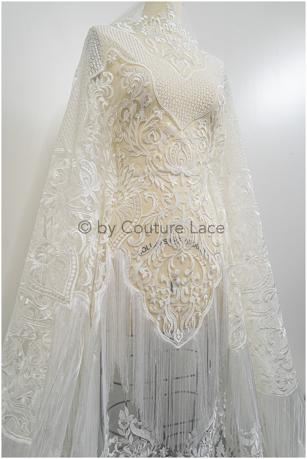 Fringed Boho Lace Fabric Off-White/ Lace Fabric with Fringes/ Boho Bridal Lace Fabric/ Bridal Lace with Flowers// L20-376