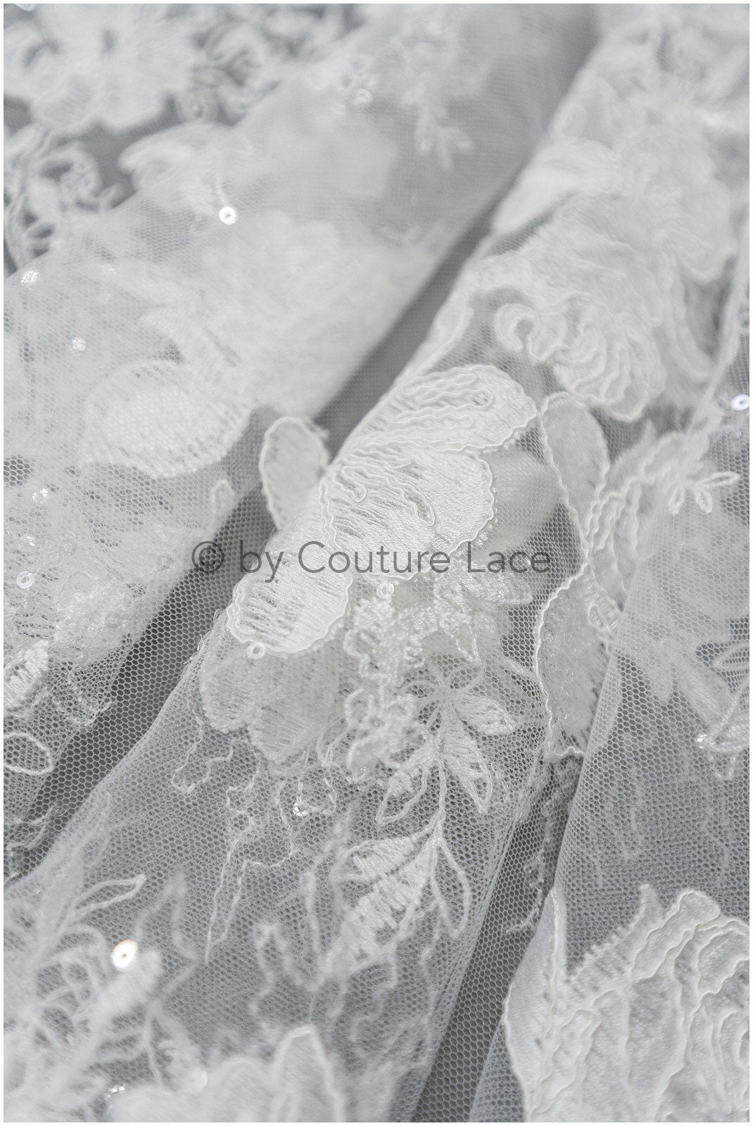 Floral lace fabric off-white/ floral lace with sequins/ floral lace/ romantic bridal lace// L20-367