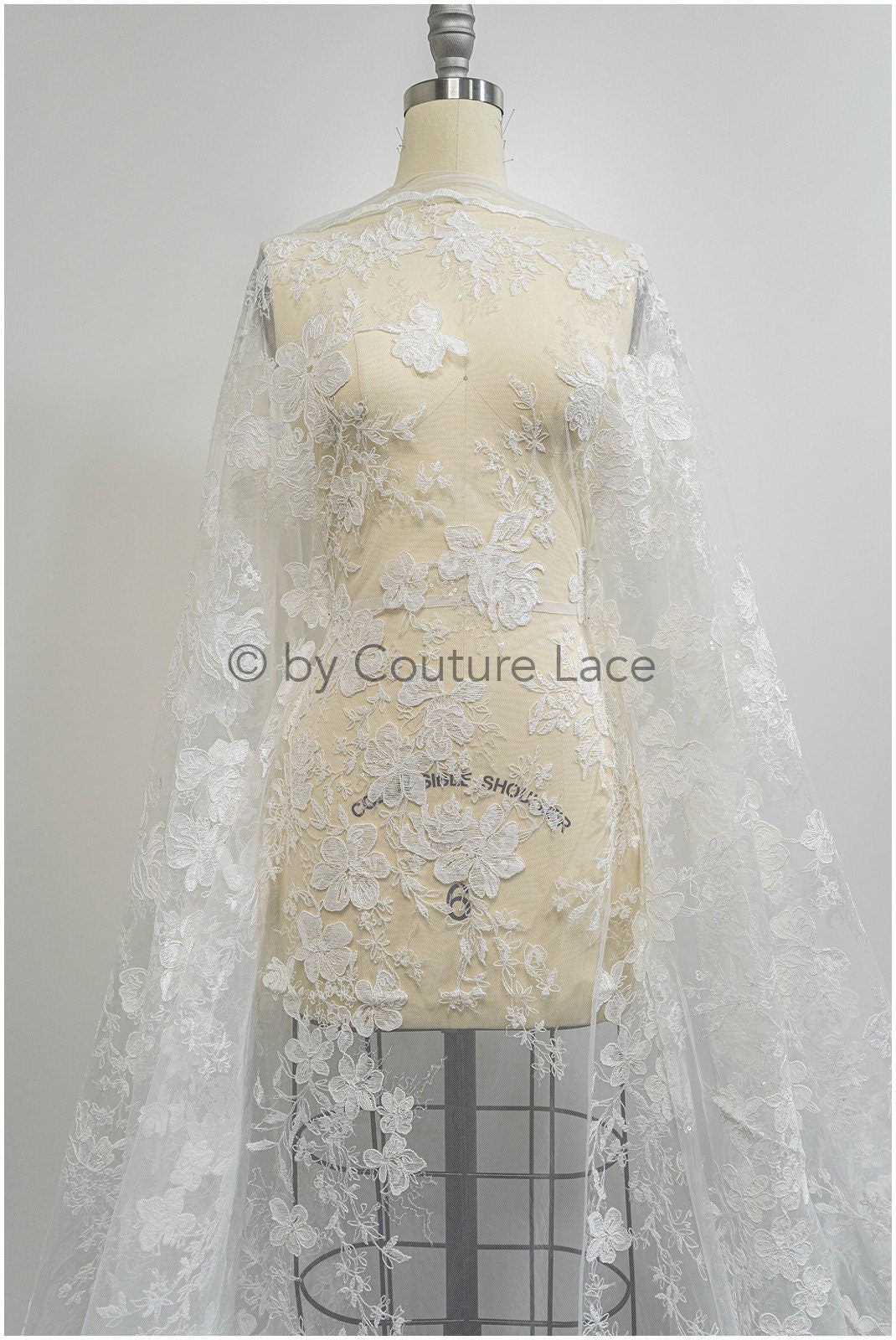 Floral lace fabric off-white/ floral lace with sequins/ floral lace/ romantic bridal lace// L20-367
