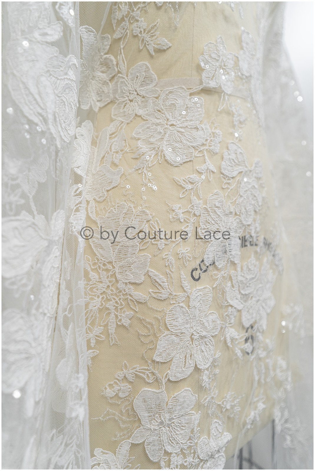 Floral lace fabric off-white/ floral lace with sequins/ floral lace/ romantic bridal lace// L20-367