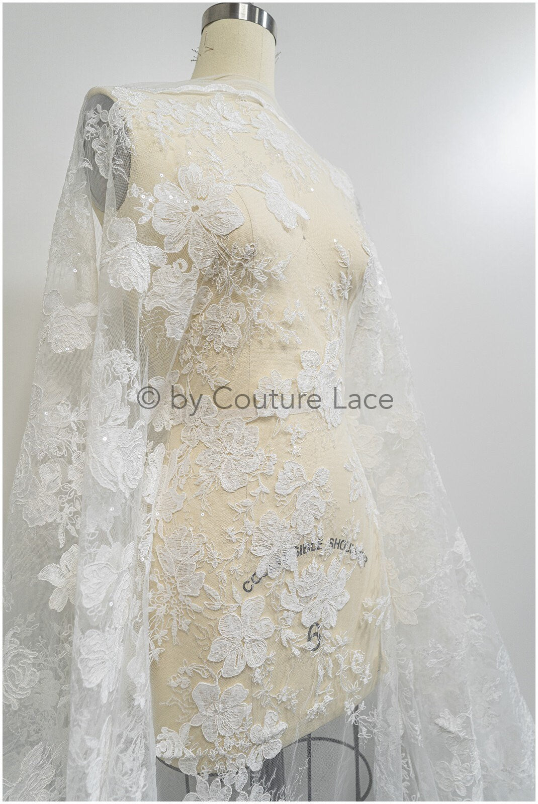 Floral lace fabric off-white/ floral lace with sequins/ floral lace/ romantic bridal lace// L20-367