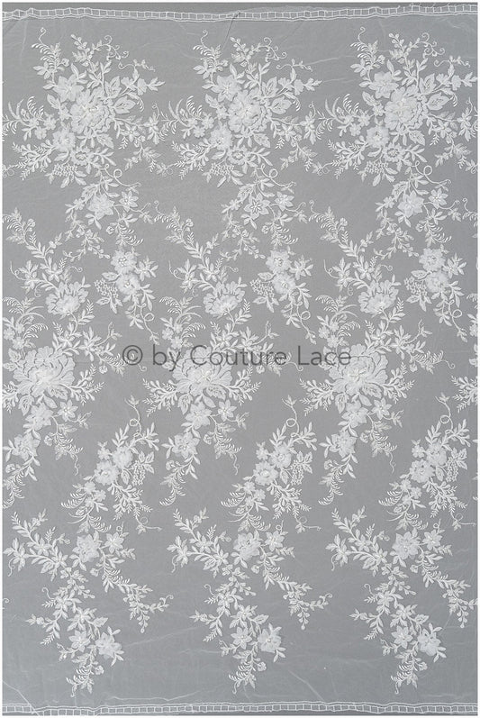 3D Blumenspitze Off-White/ Couture Spitzenstoff mit 3D Blumen & Perlen/ zarter Brautspitzenstoff/ Brautspitze mit Blumen// L20-369