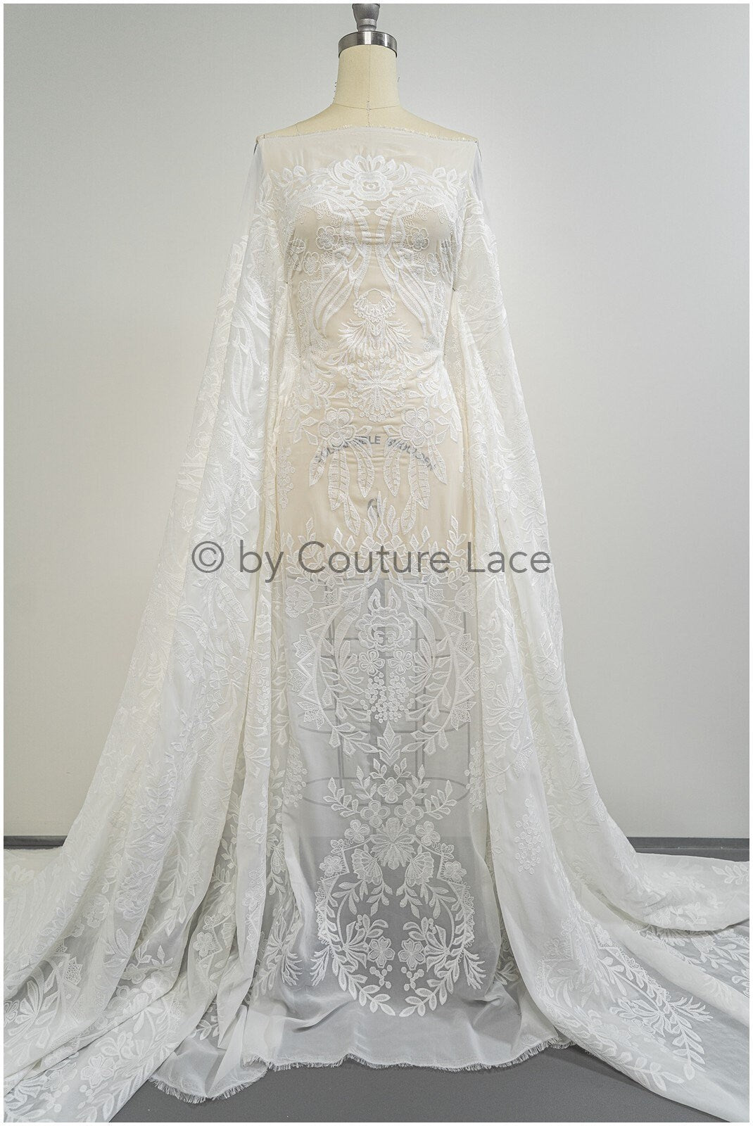 embroidered bridal lace fabric on chiffon base, chiffon wedding dress lace embroidery// L20-394