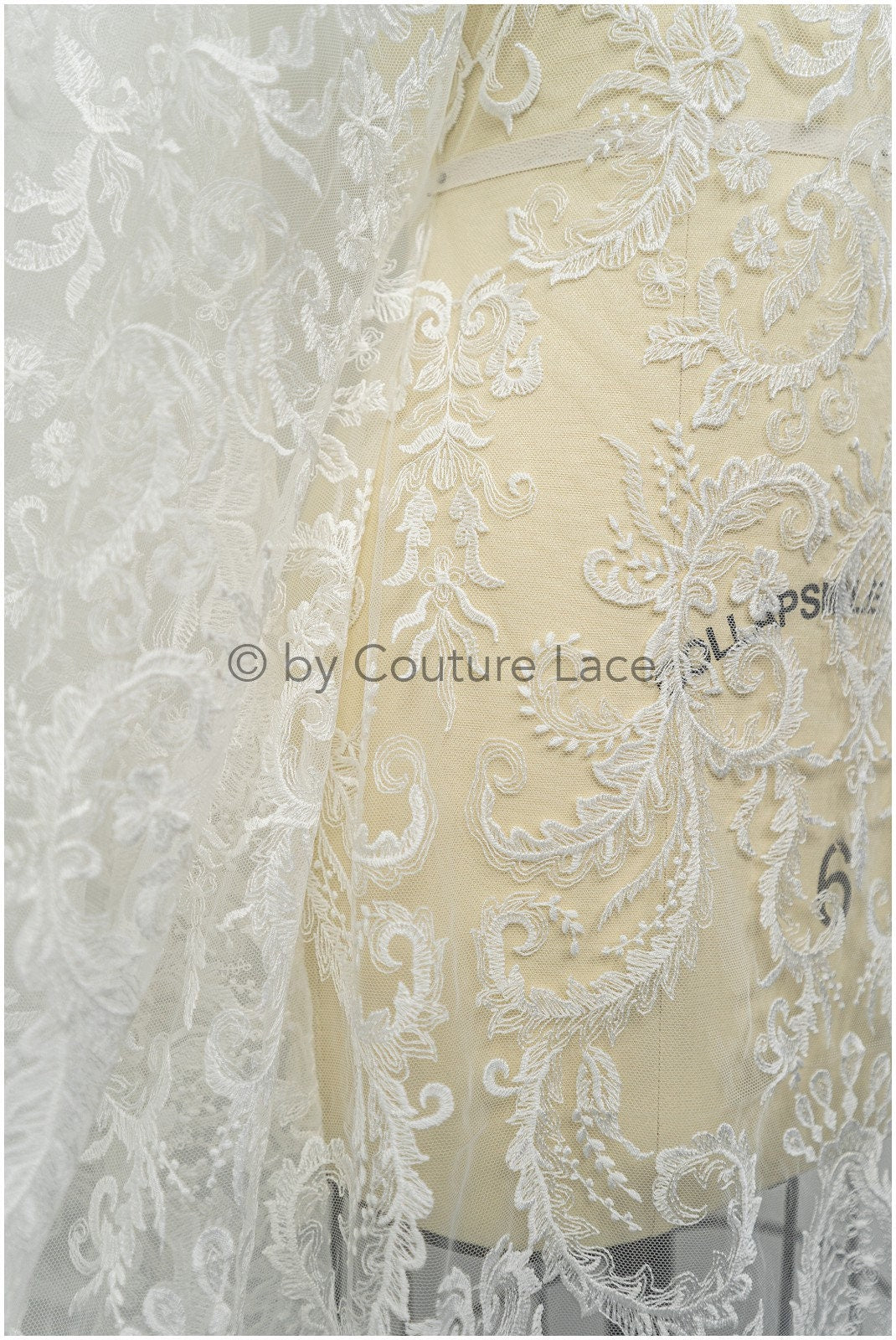 Filigree embroidered lace fabric off-white/ bridal lace/ boho bridal lace/ vintage bridal lace/ floral lace fabric// L20-404