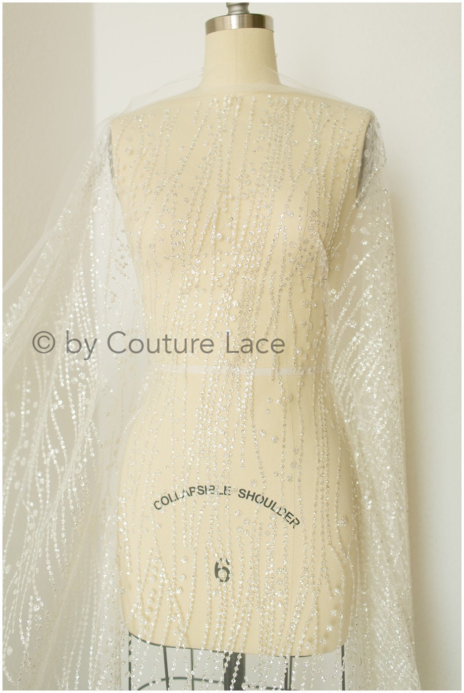 Glitter tulle/ Off-white diamond geometric glitter fabric/ Glitter tulle fabric/ Glitter lace// R-016