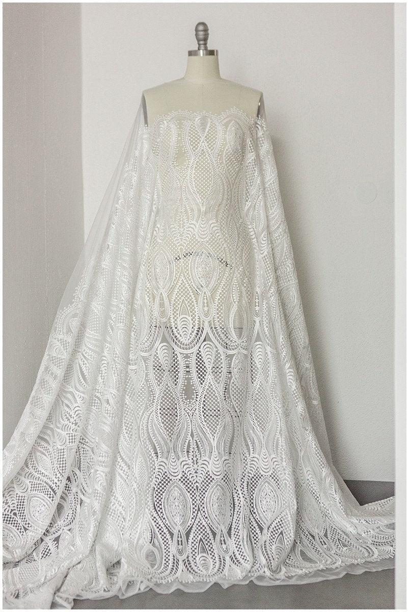 Braut Spitzenstoff Off-White/ Hochzeitskleid Spitze/ moderne geometrische Spitze/ Boho Hochzeitskleid/ Boho Spitze// L17-166