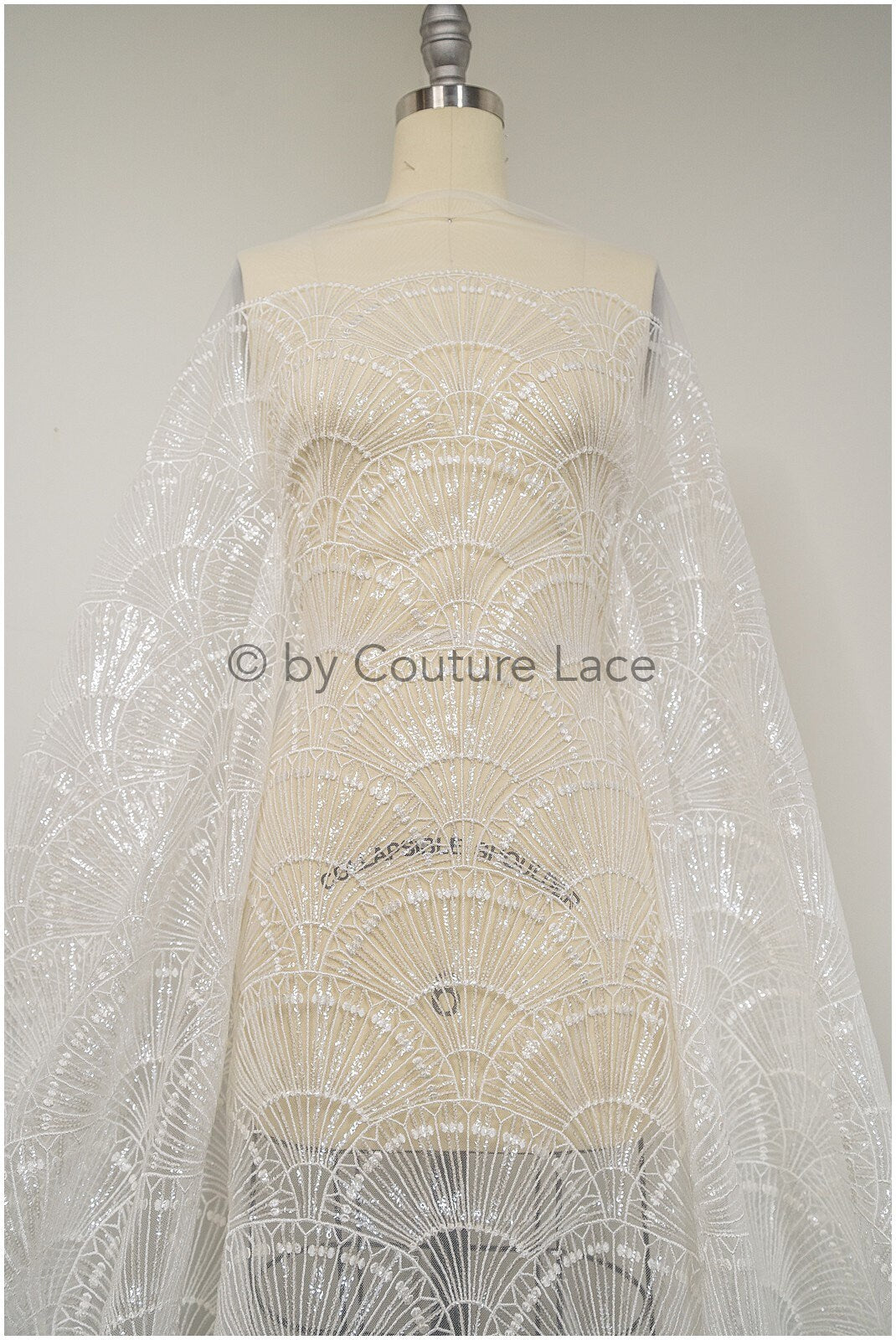 Artdeco Braut Spitzenstoff Off-White/ Pailletten Spitzenstoff für Brautkleider/ Pailletten Netzstoff// L20-333