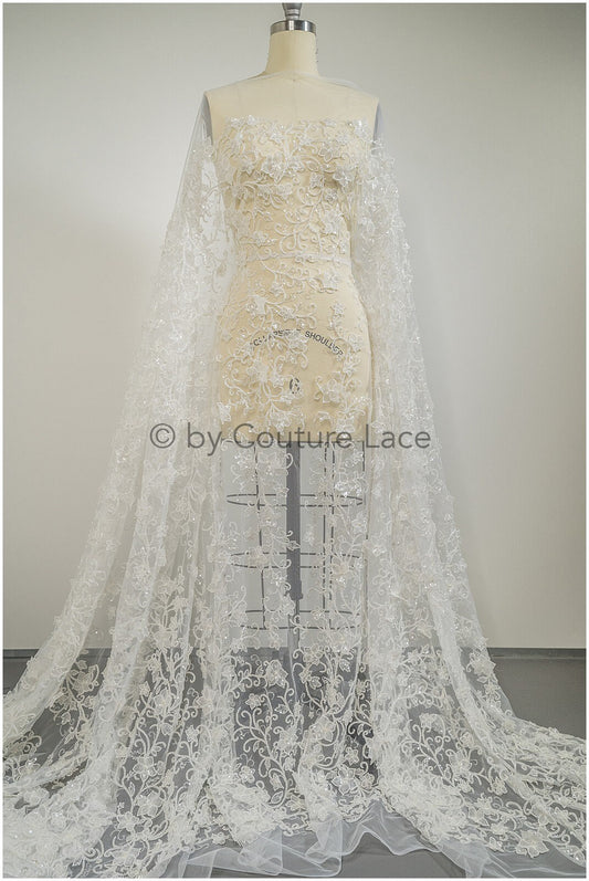 Perlen 3D Spitzenstoff, Couture Spitzenstoff mit 3D Blüten, Pronovias Spitzenstoff, floraler Spitzenstoff mit 3D Blüten// L20-335