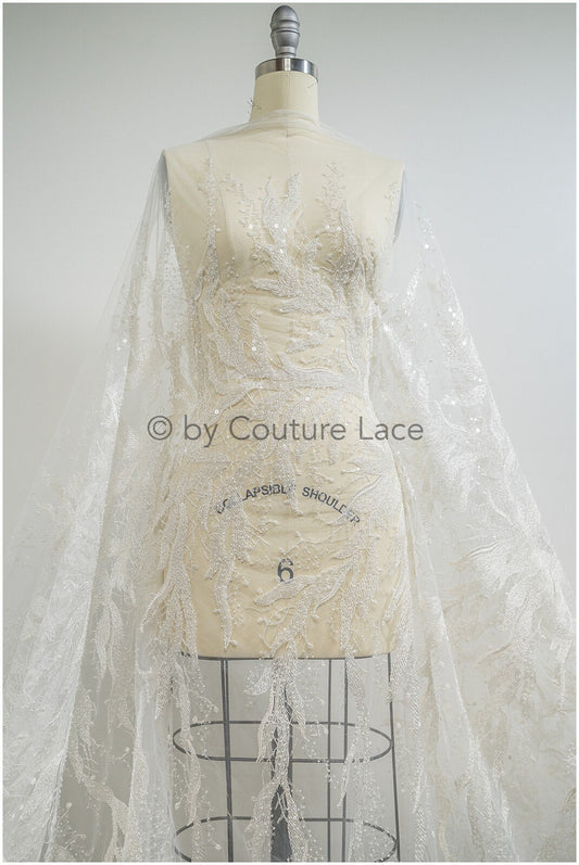 Perlen Spitzenstoff, Couture Spitzenstoff, schwere Hochzeitsspitze, gestreifter Spitzenstoff mit Perlen, moderner gestreifter Spitzenstoff// L20-345