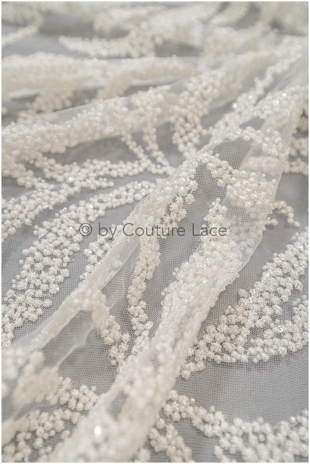 Beaded lace fabric ivory/ couture lace fabric with beads/ beaded crochet wedding lace/ bridal lace fabric with beads/ striped lace fabric// L20-346