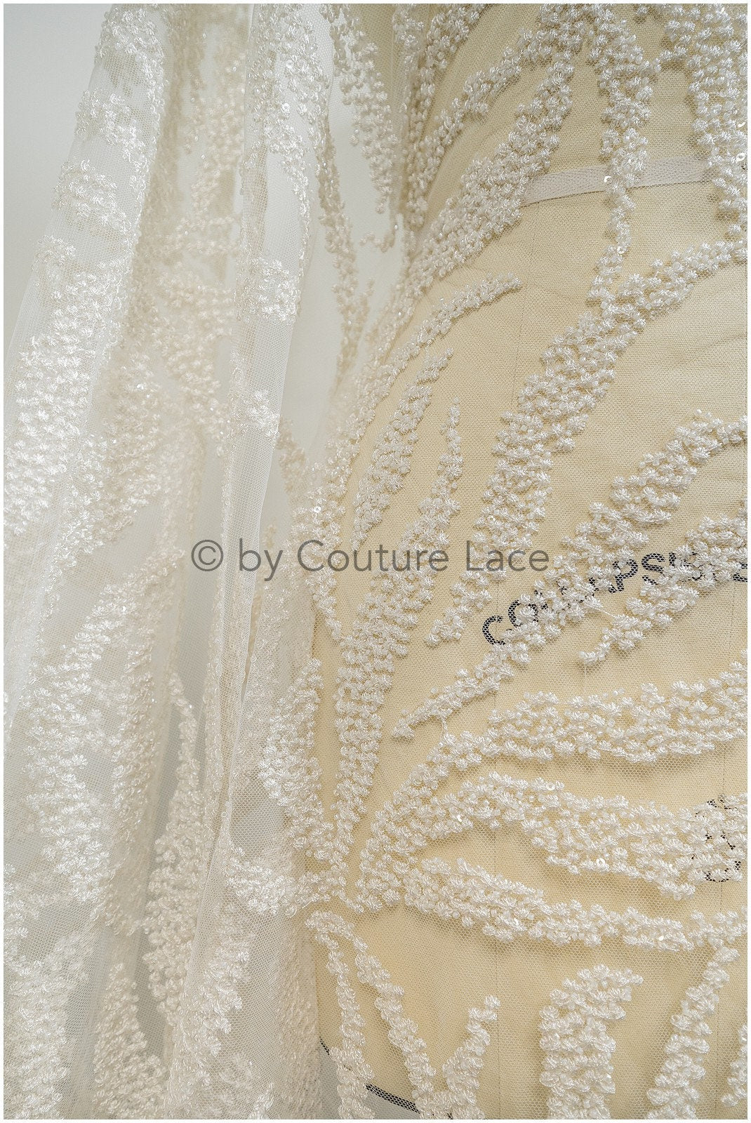 Beaded lace fabric ivory/ couture lace fabric with beads/ beaded crochet wedding lace/ bridal lace fabric with beads/ striped lace fabric// L20-346
