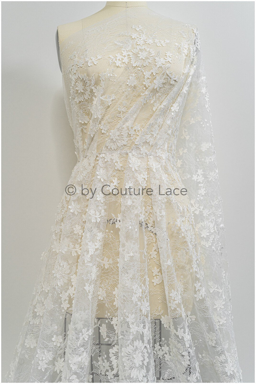 French 3D lace fabric off-white/ couture lace fabric with 3D flowers/ delicate bridal lace fabric/ bridal lace// L20-371