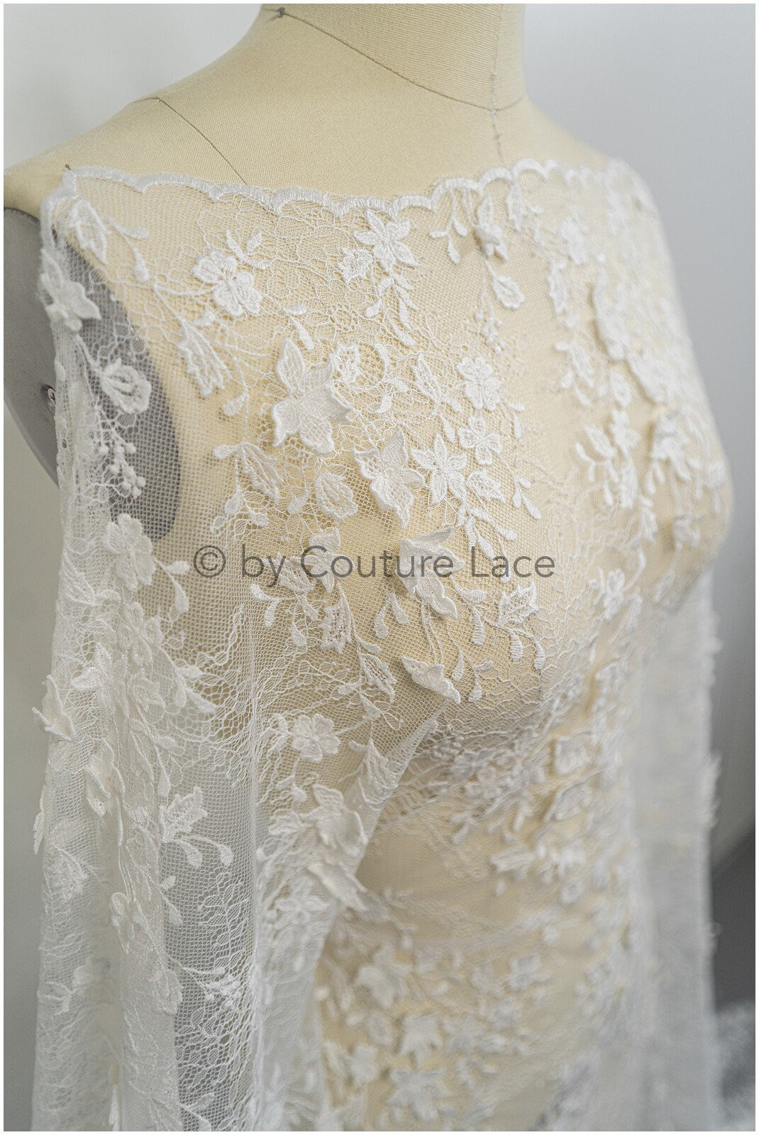 French 3D lace fabric off-white/ couture lace fabric with 3D flowers/ delicate bridal lace fabric/ bridal lace with flowers// L20-375