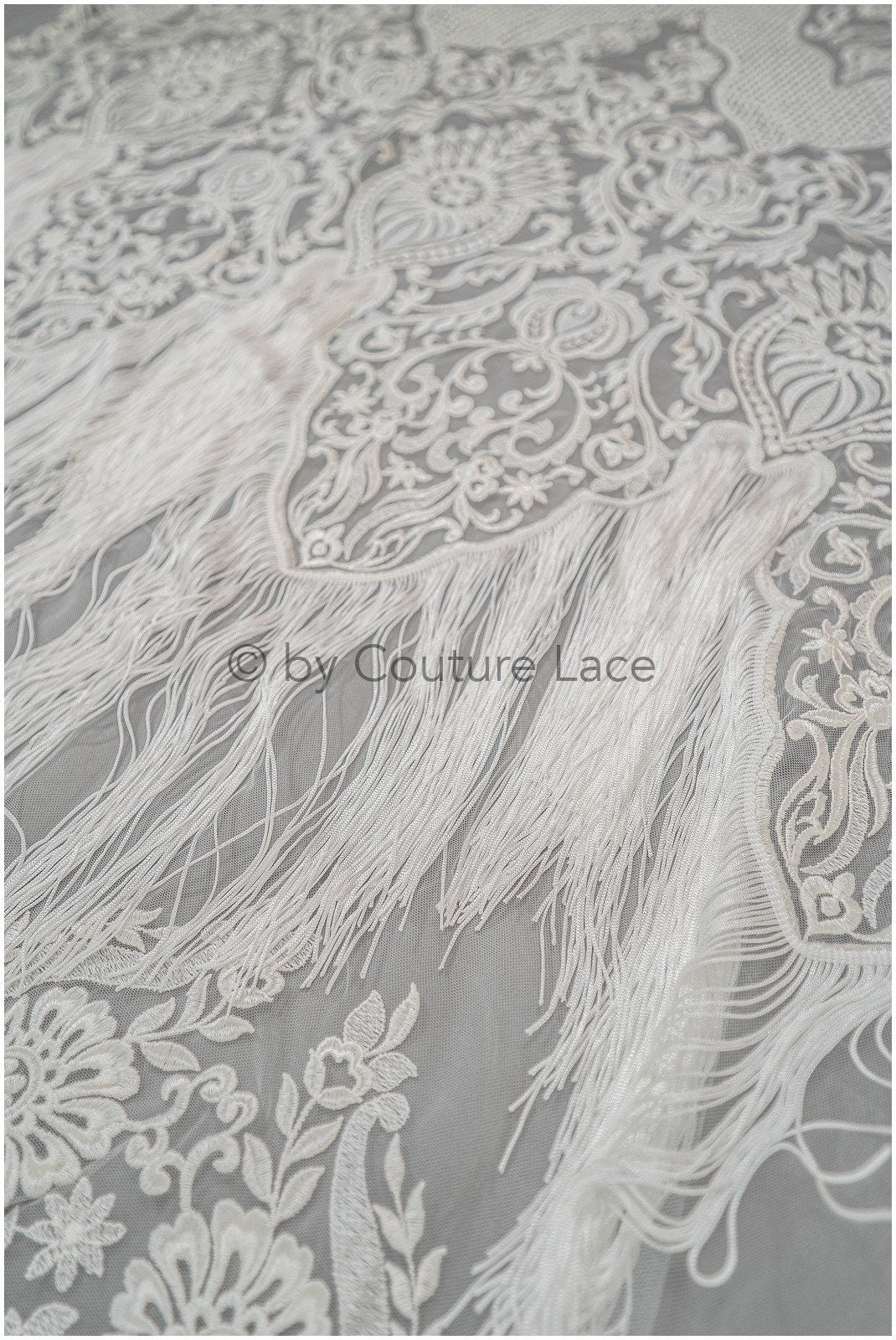 Fringed Boho Lace Fabric Off-White/ Lace Fabric with Fringes/ Boho Bridal Lace Fabric/ Bridal Lace with Flowers// L20-376