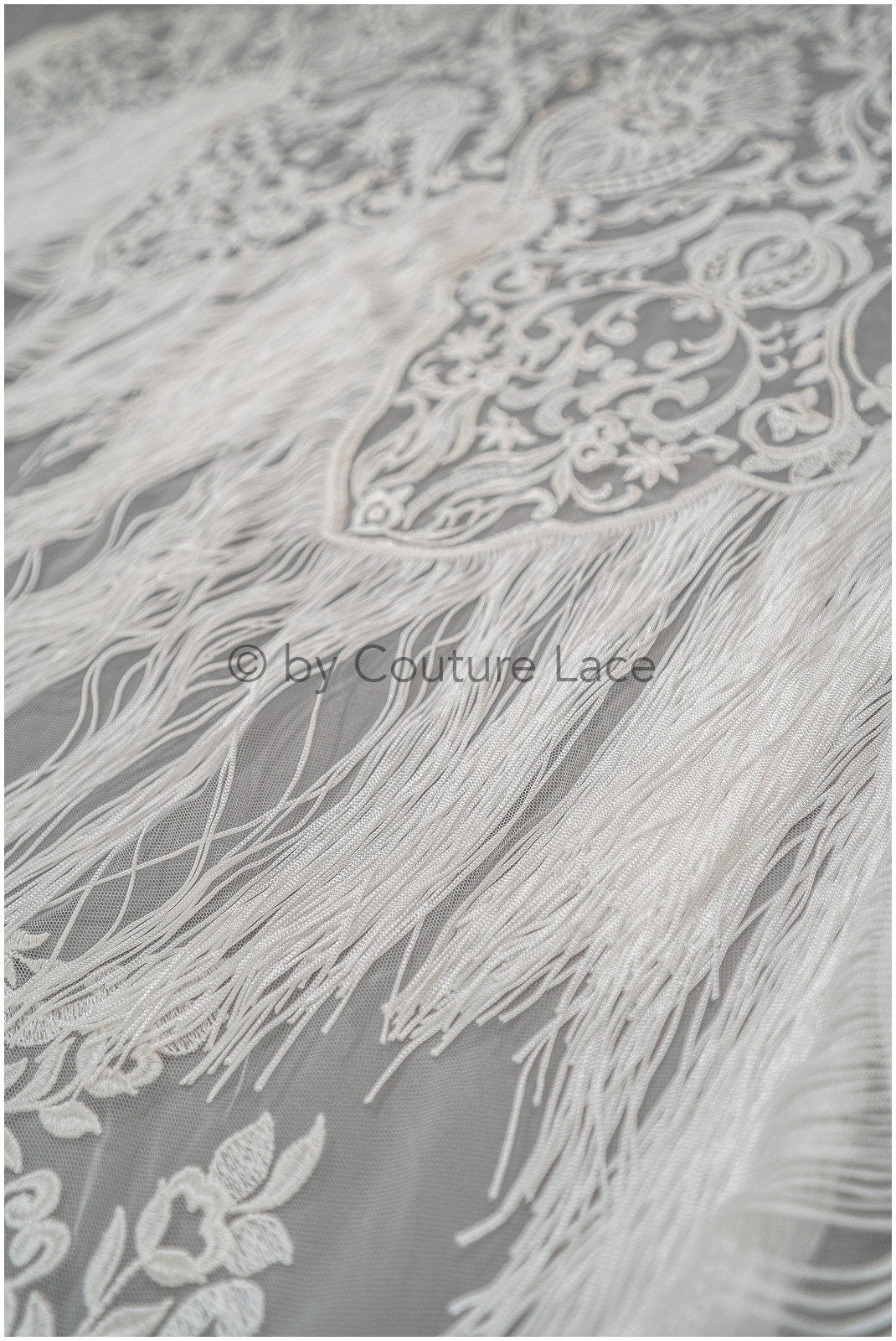 Fringed Boho Lace Fabric Off-White/ Lace Fabric with Fringes/ Boho Bridal Lace Fabric/ Bridal Lace with Flowers// L20-376