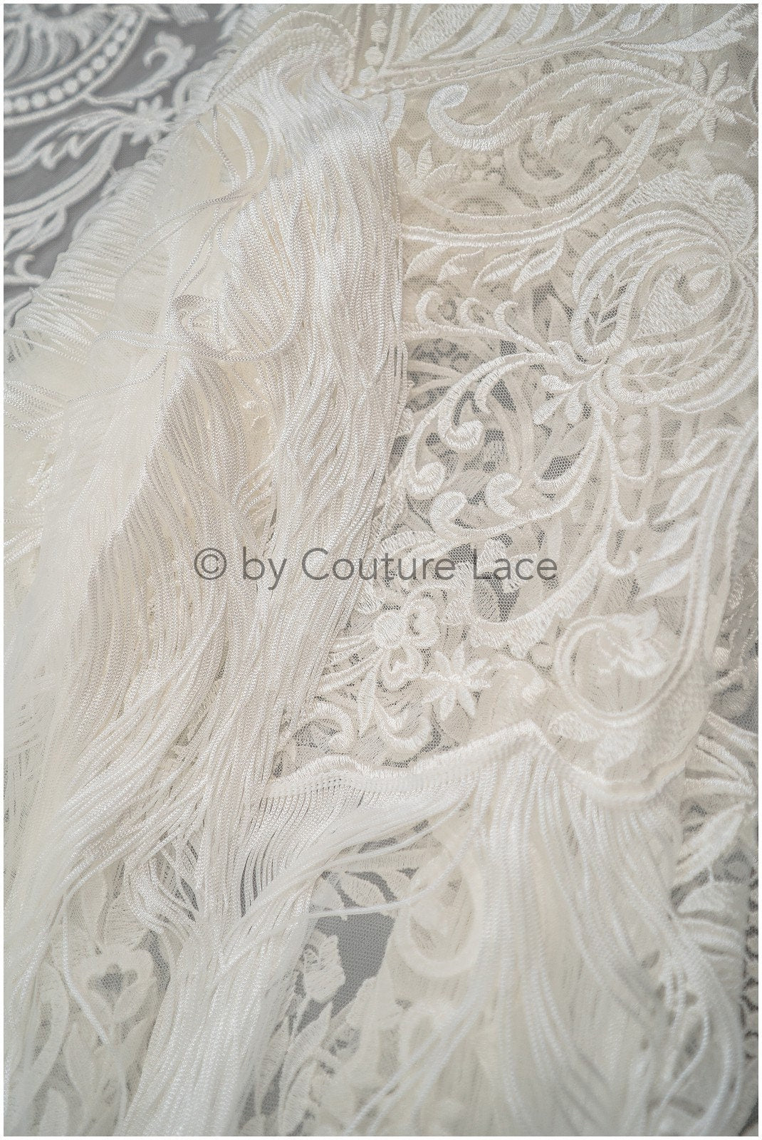 Fringed Boho Lace Fabric Off-White/ Lace Fabric with Fringes/ Boho Bridal Lace Fabric/ Bridal Lace with Flowers// L20-376