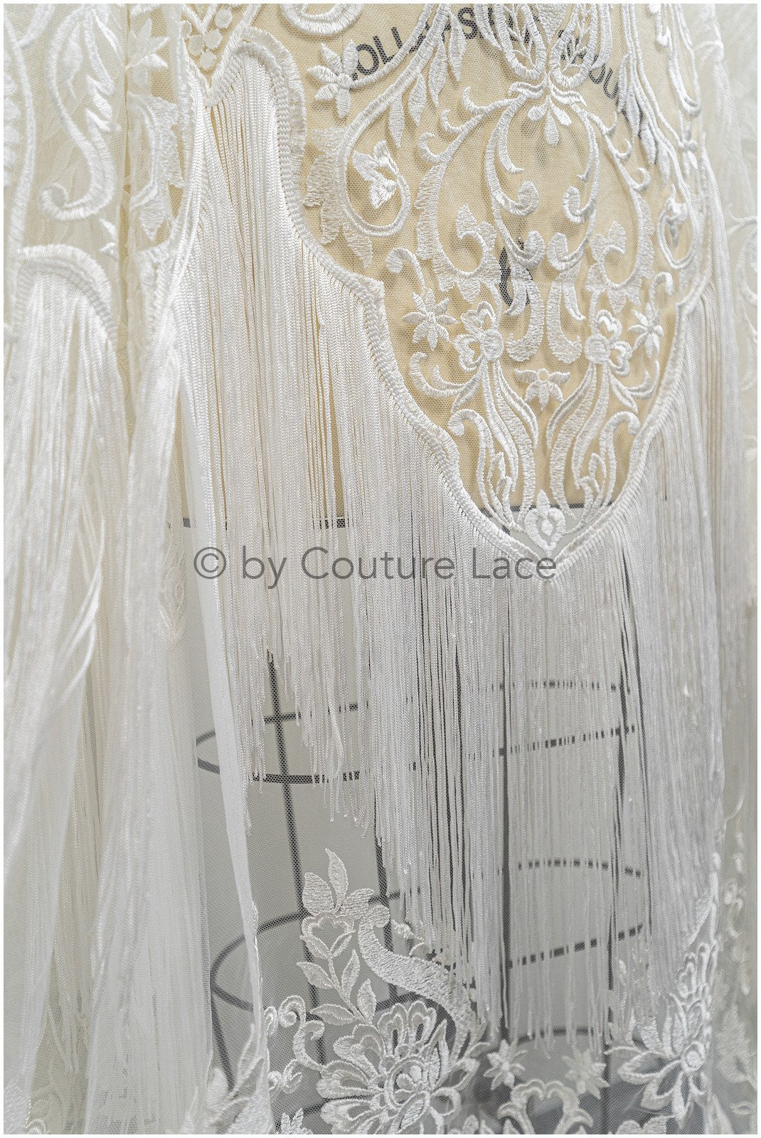 Fringed Boho Lace Fabric Off-White/ Lace Fabric with Fringes/ Boho Bridal Lace Fabric/ Bridal Lace with Flowers// L20-376