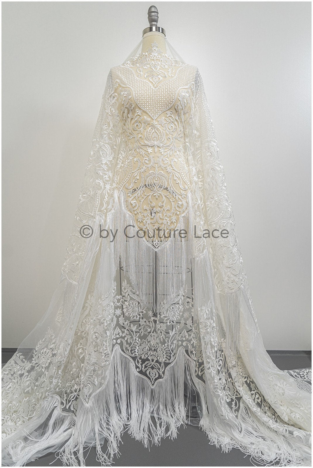 Fringed Boho Lace Fabric Off-White/ Lace Fabric with Fringes/ Boho Bridal Lace Fabric/ Bridal Lace with Flowers// L20-376