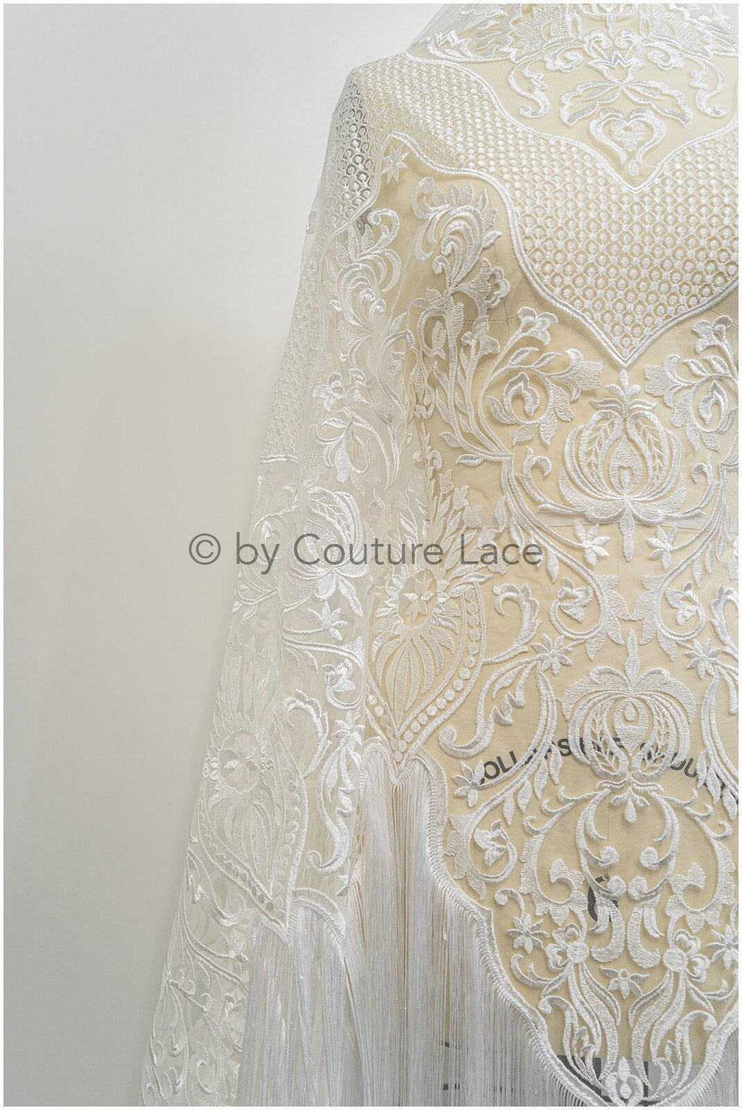 Fringed Boho Lace Fabric Off-White/ Lace Fabric with Fringes/ Boho Bridal Lace Fabric/ Bridal Lace with Flowers// L20-376