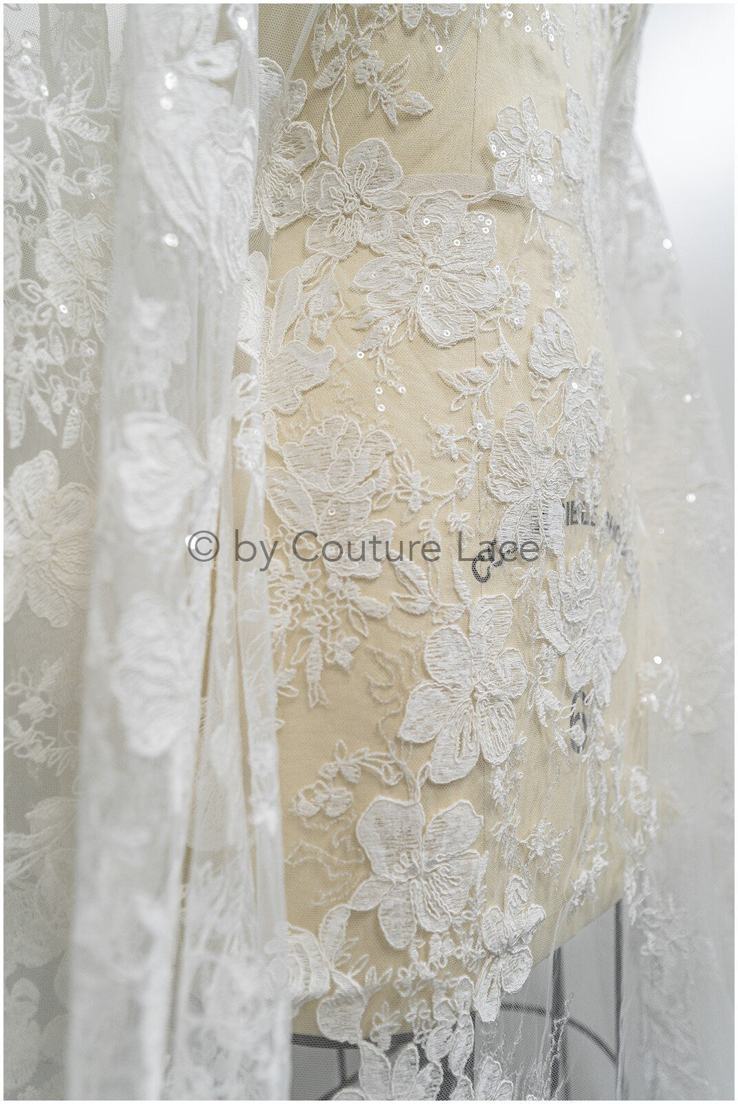 Floral lace fabric off-white/ floral lace with sequins/ floral lace/ romantic bridal lace// L20-367