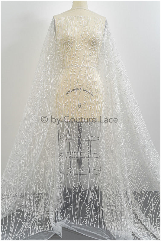 Tejido de encaje con líneas y puntos / encaje nupcial ondulado en blanco roto / encaje para vestido de novia boho / encaje para novia / encaje vintage para vestido de boda // L20-379